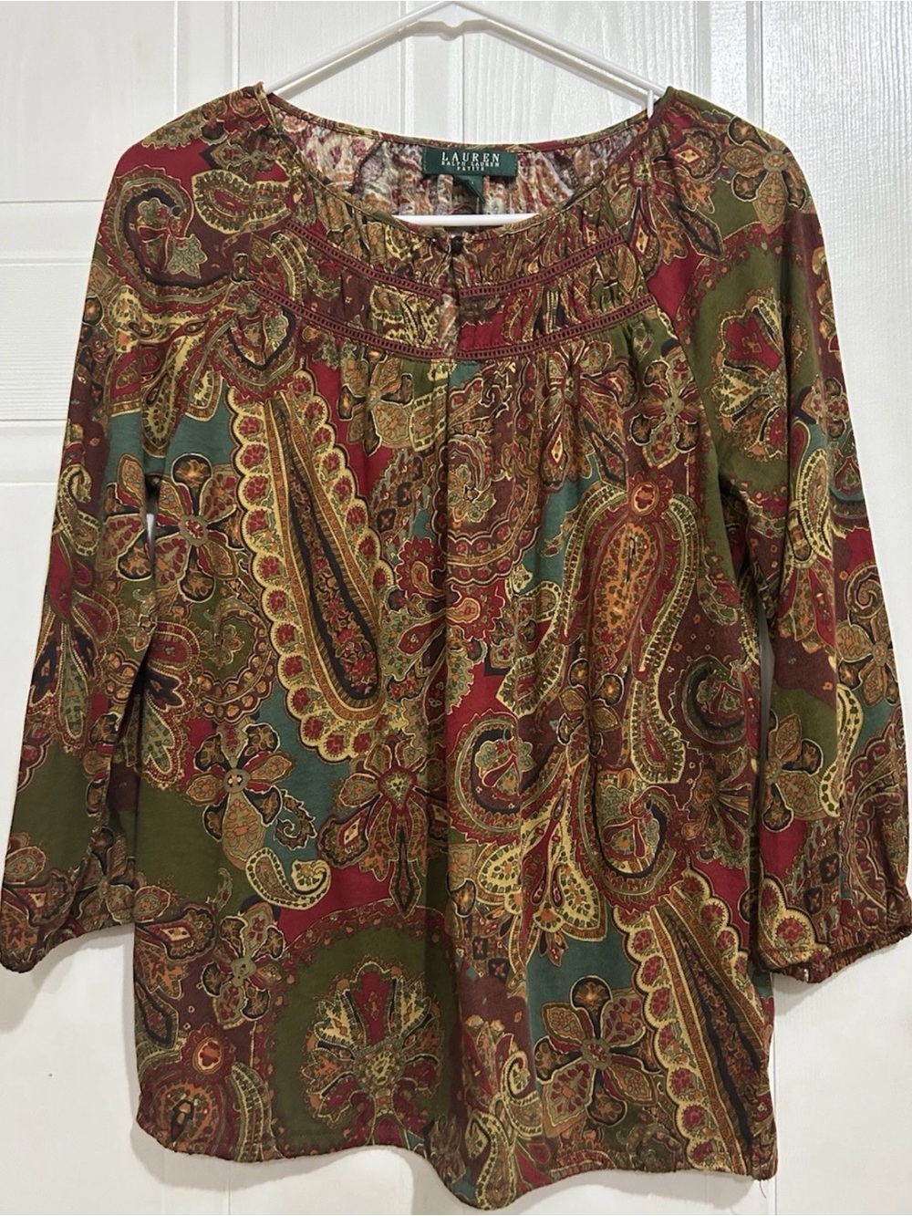Ralph Lauren Olive and Red Paisley Boho Peasant Blouse